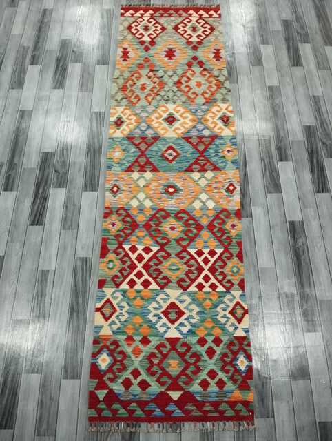 Tribal Runner Rug, Handmade Artisan Afghan Turkish Scandinavian Navajo Bohemian Flatweave Wool Kilim Rug 296x81 cm - image 1