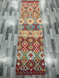 Tribal Runner Rug, Handmade Artisan Afghan Turkish Scandinavian Navajo Bohemian Flatweave Wool Kilim Rug 296x81 cm - thumbnail 1