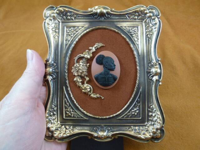 Framed Cameos African American Woman Black + Milk Chocolate Victorian Scrolled Floral Design Brass Frame Wall Shelf Desk Hanging Art Cfa20-2 - image 1