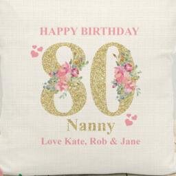 Personalised Floral Cushion 80Th Birthday, Celebration Milestone Keepsake - thumbnail 2