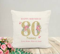 Personalised Floral Cushion 80Th Birthday, Celebration Milestone Keepsake - thumbnail 1
