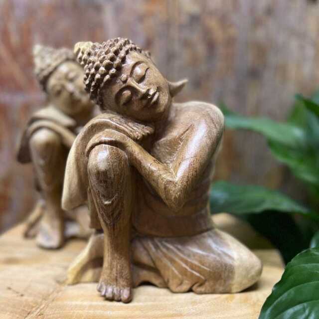 Hand Carved Wooden 20cm Dreaming Buddha Statue, Sculpture, Ornament. Handcrafted - 2-9D - image 1