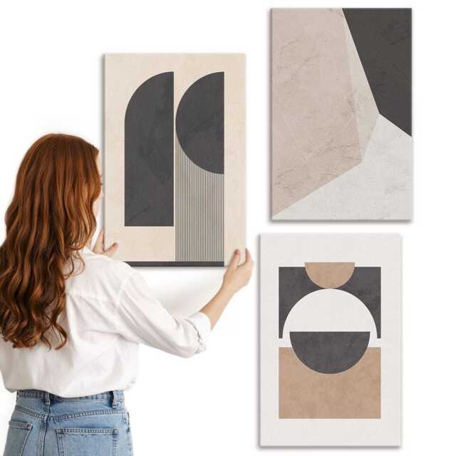 Canvas Set Of 3 - Shapes in Shades Beige & Brown, Wall Art, Abstract Hanging Piece - image 1