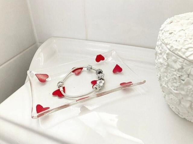 Handmade Jewellery, Soap, Trinket Dish, Pretty Red Heart Pattern - image 1