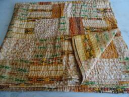 Vintage Silk Patola Kantha Quilt, Bohemian Patchwork Sari Throw Blanket