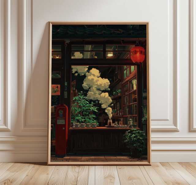 Japanese Cafe Poster, Warm Night Street Art Print, Cozy Tea Shop Wall - image 1
