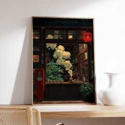 Japanese Cafe Poster, Warm Night Street Art Print, Cozy Tea Shop Wall - thumbnail 2
