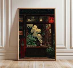 Japanese Cafe Poster, Warm Night Street Art Print, Cozy Tea Shop Wall - thumbnail 1
