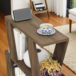 Narrow Side Table With 2 Storage Shelves - Slim 2-Tier End For Living Room, Bedroom, Or Office Dark Oak Effect - 60x22x57cm - thumbnail 3
