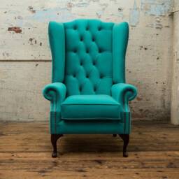 British Handmade Turquoise Blue Velvet Chesterfield High Back Wing Chair - thumbnail 2
