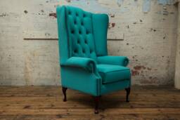 British Handmade Turquoise Blue Velvet Chesterfield High Back Wing Chair - thumbnail 1