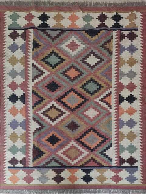 Handwoven Wool Jute Kilim Rug - Multicolour Geometric Flatweave Reversible Boho - image 1