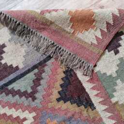 Handwoven Wool Jute Kilim Rug - Multicolour Geometric Flatweave Reversible Boho - thumbnail 2