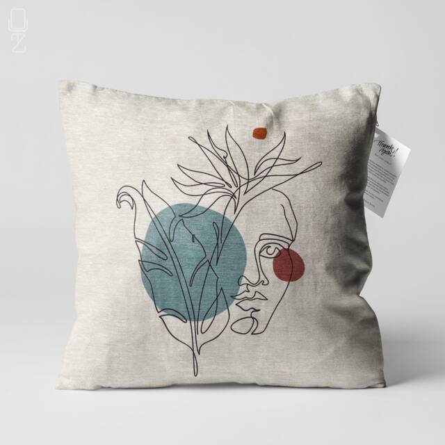 Abstract Face Pattern On Cushion Cover With Leaves - Double Sided Printing Soft Chenille Fabric Multi Size Options Oeko-Tex?? - image 1