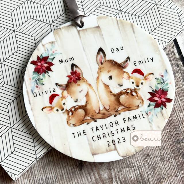 Personalised Family Christmas Woodland Deer Greenery Design Acrylic Or Ceramic Round Ornament Keepsake Tree Decoration Gift - image 1