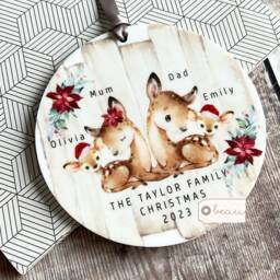 Personalised Family Christmas Woodland Deer Greenery Design Acrylic Or Ceramic Round Ornament Keepsake Tree Decoration Gift