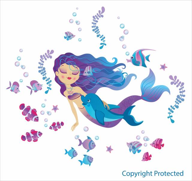 Mermaid With Dolphin Repositionable Wall Decal For Nursery Or Girl's Room, Eco Friendly Sticker, Room Decor PVC Free - image 1