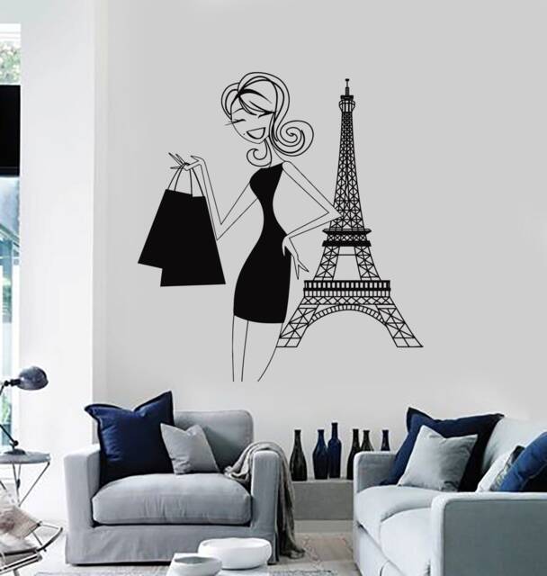 Paris Vinyl Wall Decal Eiffel Tower Parisian Girl Woman Shopping Romantic Decor Stickers Mural - #2315Di - image 1