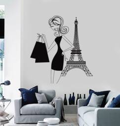Paris Vinyl Wall Decal Eiffel Tower Parisian Girl Woman Shopping Romantic Decor Stickers Mural - #2315Di - thumbnail 1