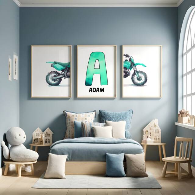Personalised Name Dirt Bike Prints - Set Of 3 Posters - Motorbike Wall Art Motocross Boys Room Nursery Kids Motor Biker Decor Gifts - image 1