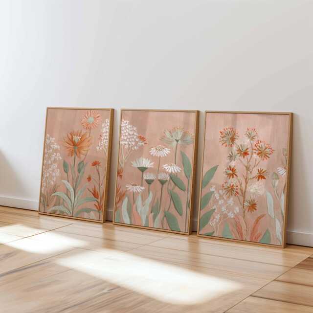 Neutral Floral Wall Art Prints Set Of 3, Modern Botanical Posters, Beige & Terracotta Flower Artwork For Living Room Or Bedroom Decor - image 1