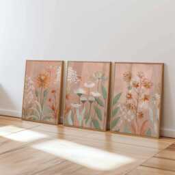 Neutral Floral Wall Art Prints Set Of 3, Modern Botanical Posters, Beige & Terracotta Flower Artwork For Living Room Or Bedroom Decor - thumbnail 1