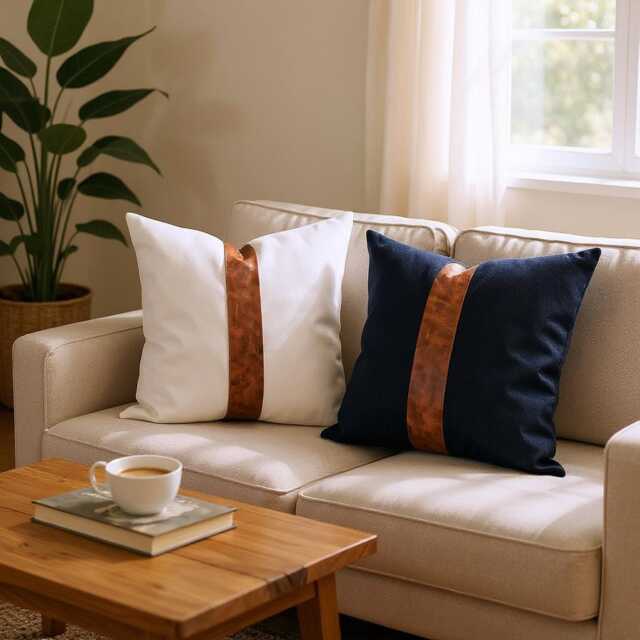 Color Block Faux Leather Pillow Cover Modern Scandinavian Linen Decor - image 1