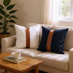Color Block Faux Leather Pillow Cover Modern Scandinavian Linen Decor