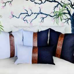 Color Block Faux Leather Pillow Cover Modern Scandinavian Linen Decor - thumbnail 3