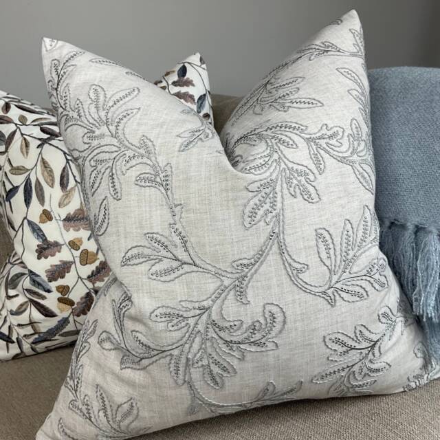 Embroidered Cushion Cover, Pillow Cover , Throw - Grey Leaf Design/John Lewis Fabric Countryside Home, Sofa - image 1