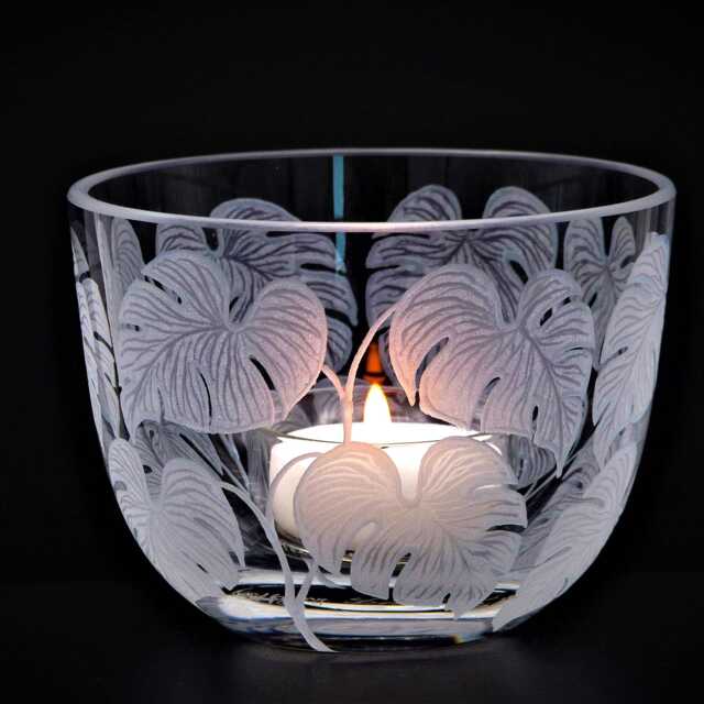 Lantern Candle Holder Window Leaf Deep Cut Engraving Mouth Blown Hand Engraved - image 1