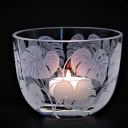 Lantern Candle Holder Window Leaf Deep Cut Engraving Mouth Blown Hand Engraved - thumbnail 1