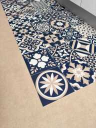 Vinyl Kitchen Runner Floor Mat in Blue & Beige Persian Rug Pattern
