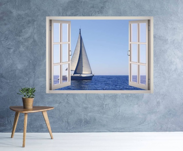 Ocean View Wall Decal - Sail Boat Scene Art Sticker 3D Window Nature Frame Home Decor - image 1