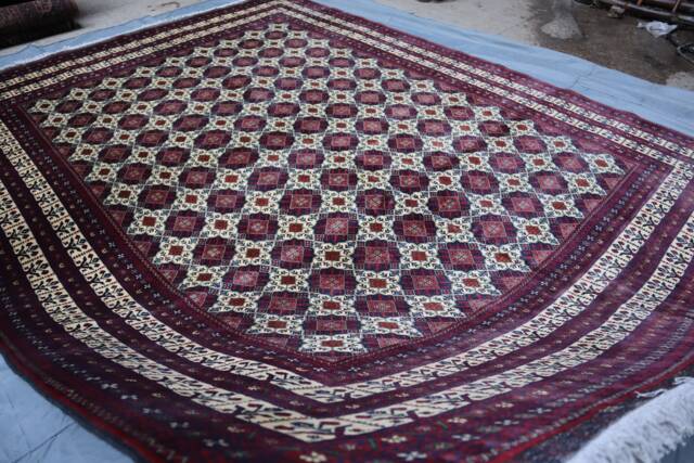 Palace Size Area Rug, 10x13 Ft Red Hand Knotted Afghan Wool Geometric Bukhara Oriental Turkmen Rug Living Room Dining Table Carpet - image 1