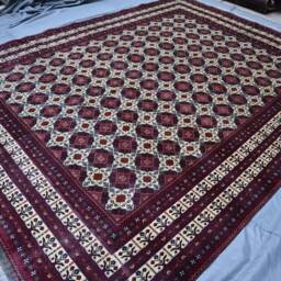 Palace Size Area Rug, 10x13 Ft Red Hand Knotted Afghan Wool Geometric Bukhara Oriental Turkmen Rug Living Room Dining Table Carpet - thumbnail 3