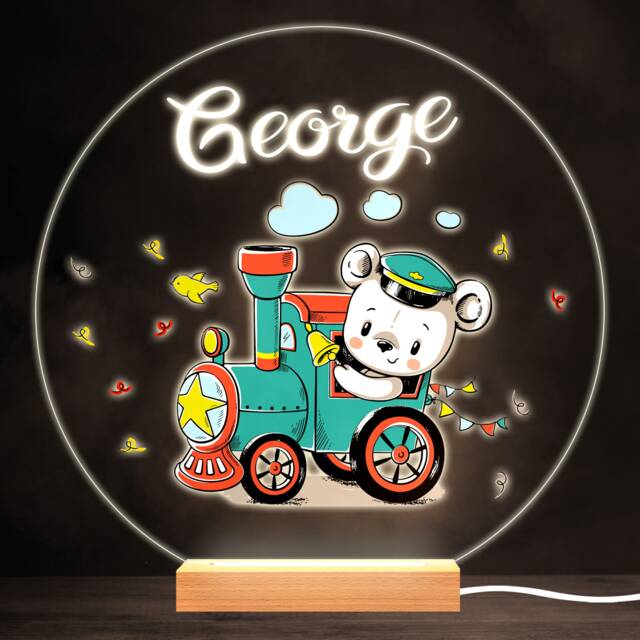 Cute Train Bear Colourful Round Personalised Gift Led Lamp Night Light - Bedroom - image 1