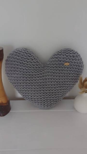 Hand Knitted Heart Cushion - Light Grey Acrylic Throw Pillow - image 1