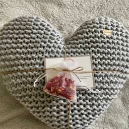 Hand Knitted Heart Cushion - Light Grey Acrylic Throw Pillow - thumbnail 3