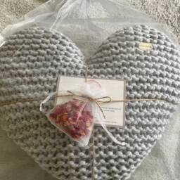 Hand Knitted Heart Cushion - Light Grey Acrylic Throw Pillow - thumbnail 4