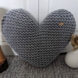 Hand Knitted Heart Cushion - Light Grey Acrylic Throw Pillow - thumbnail 2