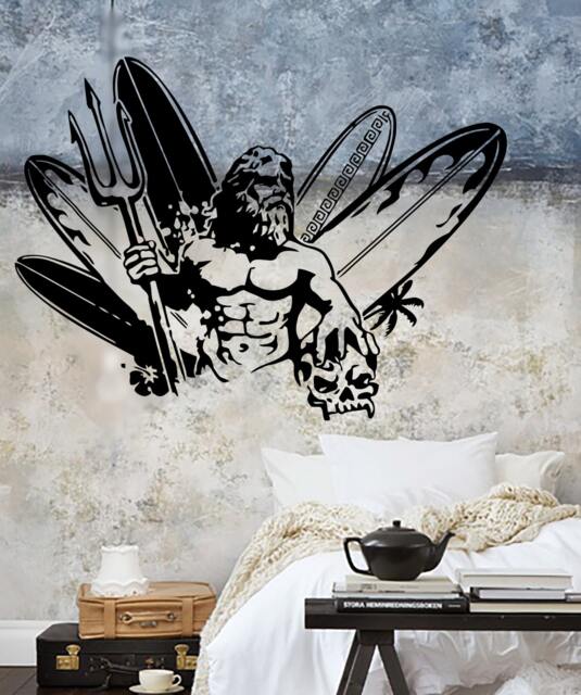 Wall Vinyl Decal Beach Decor Surf Boards Neptune Statue Sandy House Vacation Home 1065Dz - image 1