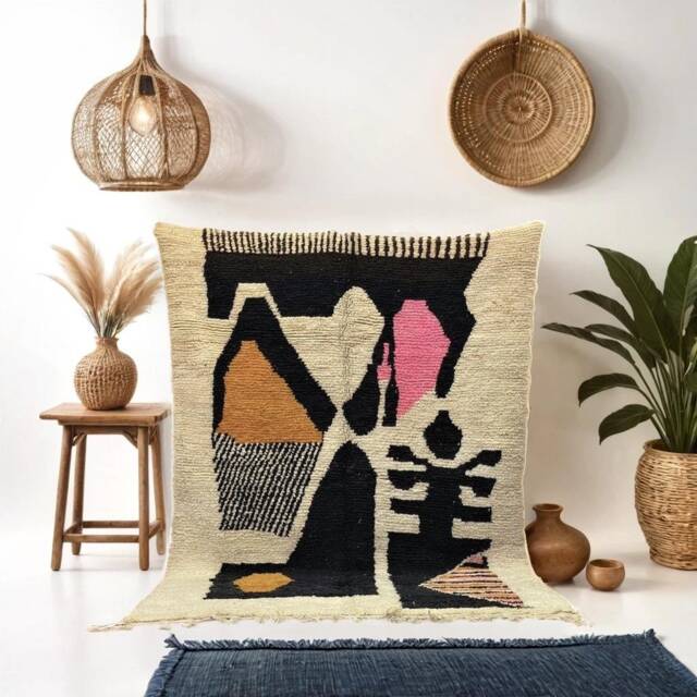 Handmade Berber Wool Rug Black & White Moroccan Boujaad Carpet - image 1