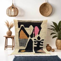 Handmade Berber Wool Rug Black & White Moroccan Boujaad Carpet - thumbnail 1