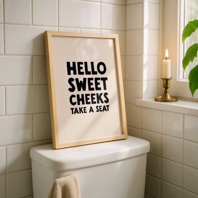 Hello Sweet Cheeks Take A Seat Print - Bathroom Toilet Humour Wall Art Loo Natural & Black - image 1