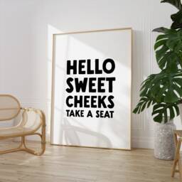 Hello Sweet Cheeks Take A Seat Print - Bathroom Toilet Humour Wall Art Loo Natural & Black - thumbnail 2