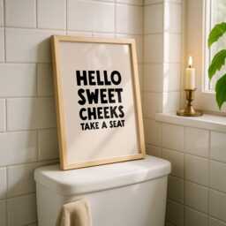 Hello Sweet Cheeks Take A Seat Print - Bathroom Toilet Humour Wall Art Loo Natural & Black - thumbnail 1