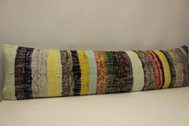 Vintage Turkish Kilim Pillow Cover, Boho Lumbar Cushion - 12x48 - image 1