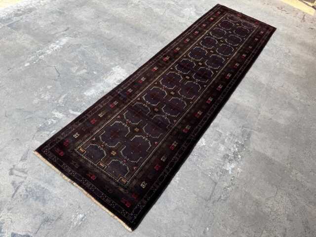 Antique 3x10'6 Baluchi Runner , Authentic Handwoven Woolen Rug , Geometric Motif Design, Kitchen & Living Space Carpet, Home Decor - image 1