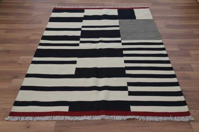 Handwoven Wool Kilim Rug Modern Turkish Flatweave, Red, Begie & Black Carpet - image 1